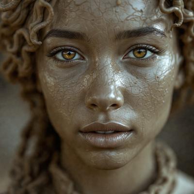 The primary subject of the image is a woman with a unique appearance. She has a brown, shiny skin, which gives her a distinctive look. The setting is a close-up of her face, and the visual style is a photo. The colors and mood of the image are dominated by the brown shine on her skin, creating a striking and unusual visual effect.